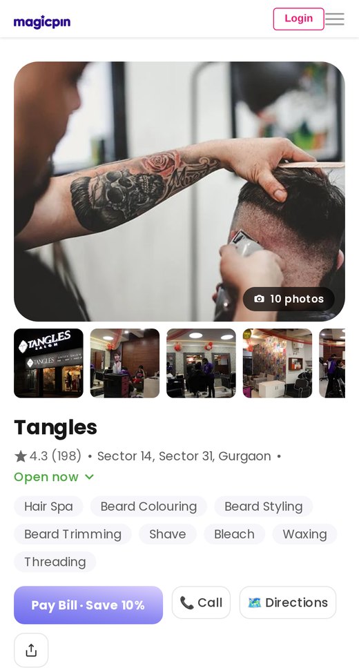 A merchant's magicpin page: photos, rating, services, Call and Directions
